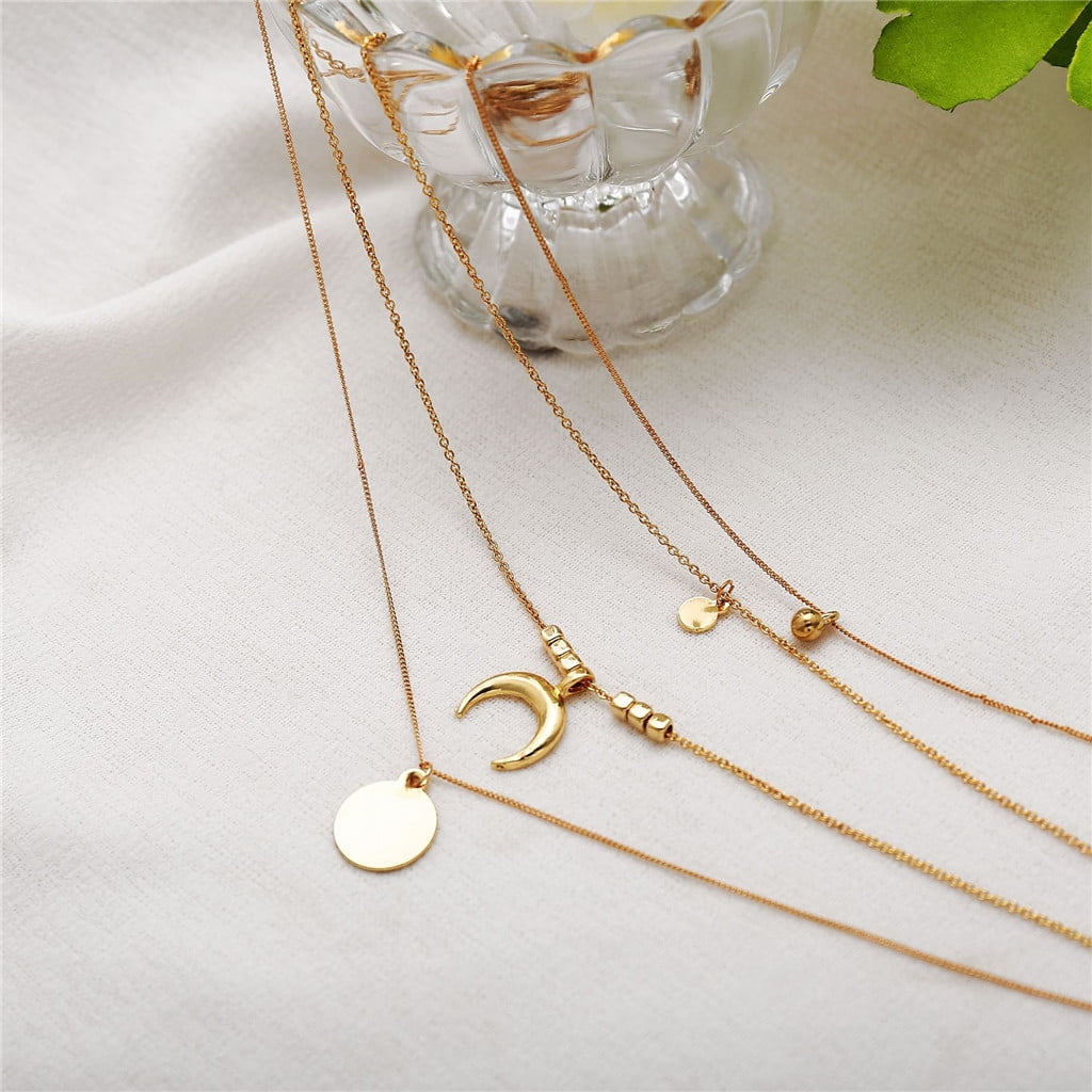 Women 4 Layered Necklace Gold Beaded Horn Choker Chain Pendant Jewelry Gift UK 