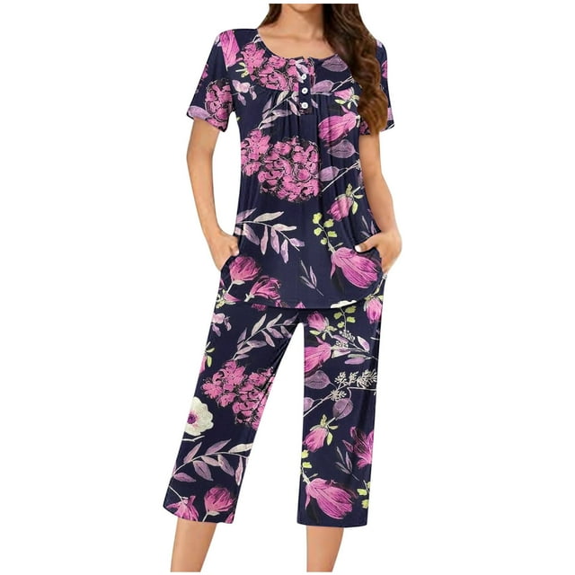 Sexy Pijama Conjunto para las Mujeres Cuello Redondo Blusa de Manga Corta Y Pantalones, Traje de Moda Casual para el Hogar Y Diario