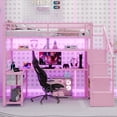 thumbnail image 4 of Mirightone Full Size Loft Bed with LED Light and Stairs, Metal Loft Bed Frame with Desk, Storage Drawers & Shelves, Hanging Rod, Gaming Lofts Beds with Charging Station, Pink, 4 of 8
