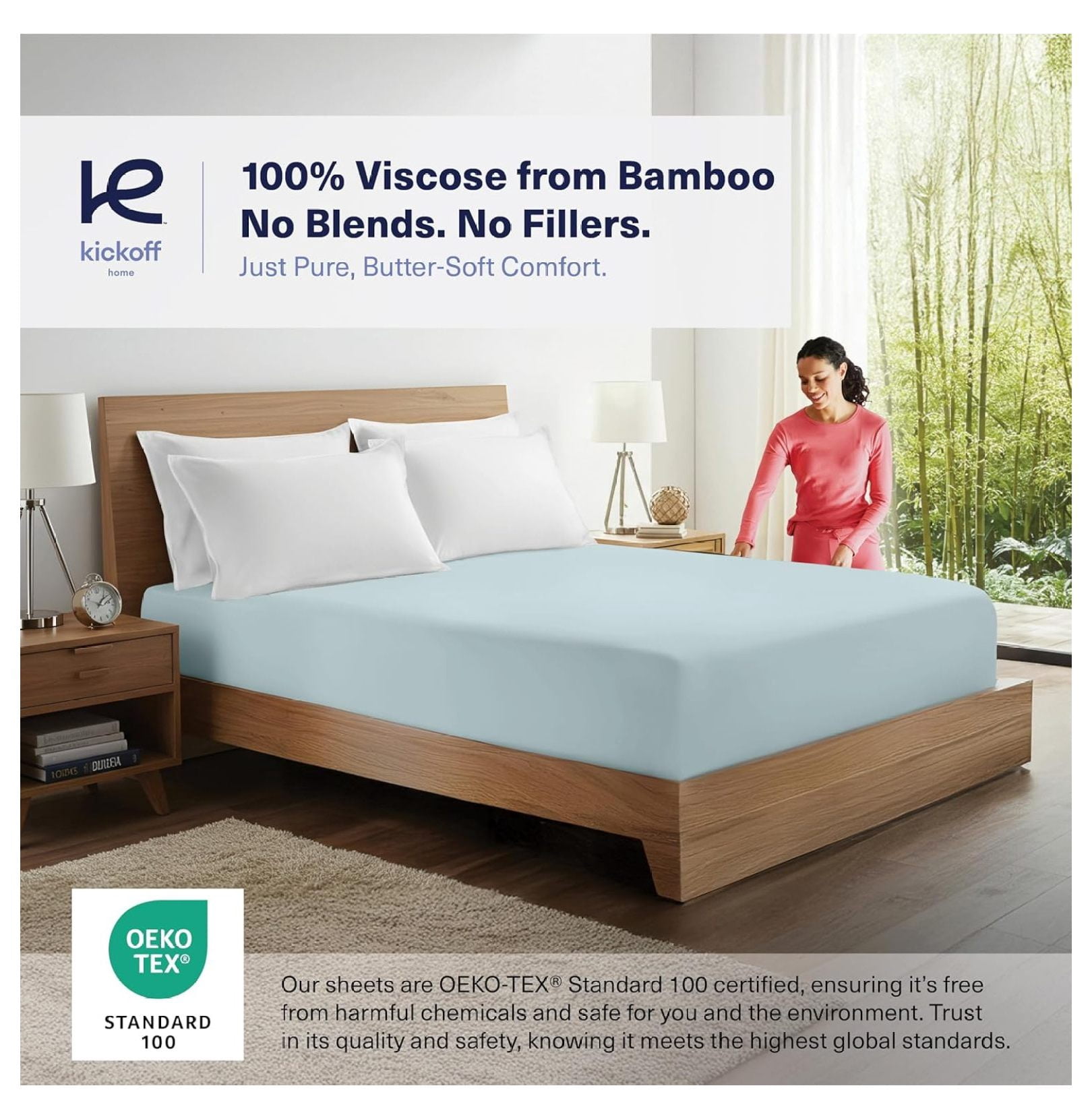 Kickoff Viscose Bamboo Fitted Sheet Queen Size, 100% Organic Cooling Sheets Fitted ONLY Viscose Bamboo Sheets Queen Size Bed Sheet for Hot , Extra Deep Pocket, 4 Corner strap (Q, Coastal Blue)