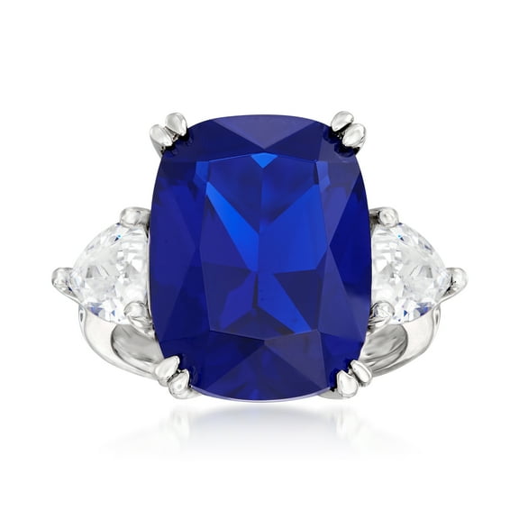 Ross-Simons 12.25 Carat Cushion-Cut Simulated Sapphire and 1.75 ct. t.w. CZ Ring in Sterling Silver, Women's, Adult