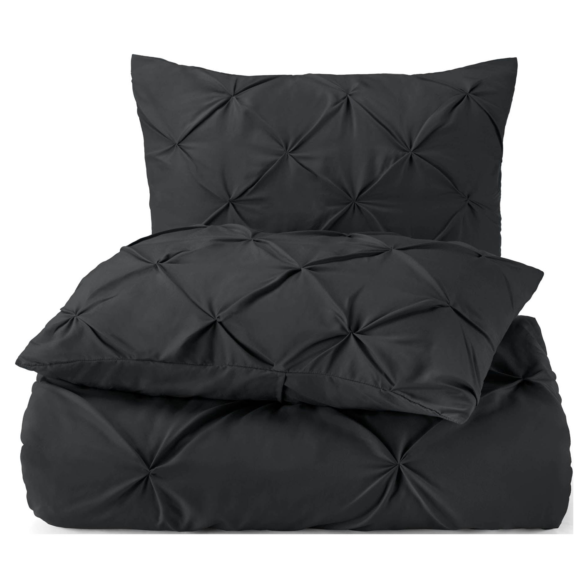 Nestl 3 Piece Pinch Pleated Pintuck Duvet Cover Set with Shams, Soft Microfiber,Button Closure Bedding Set, Queen - Black