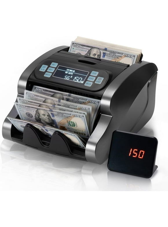 MUNBYN Money Counter Machine Count Value, UV/MG/IR/MT/DD, USD/EUR Bill Counter, 1300 Bills/min, Add+Batch Mode Money Counter