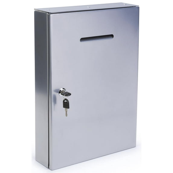 Displays2go Metal Ballot Box, Wall Mount, Locking, Front Loading, Silver (WPSB1217SV)