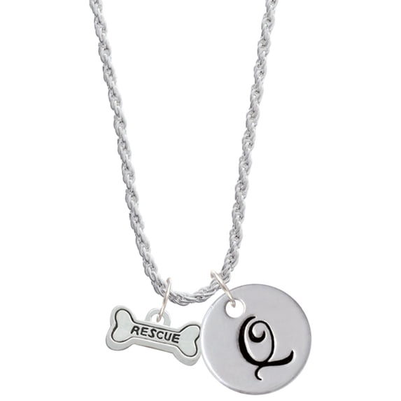 Delight Jewelry Silvertone Mini ''Rescue'' Dog Bone Silvertone Script Initial Disc - Q - Charm Necklace, 20"+3"