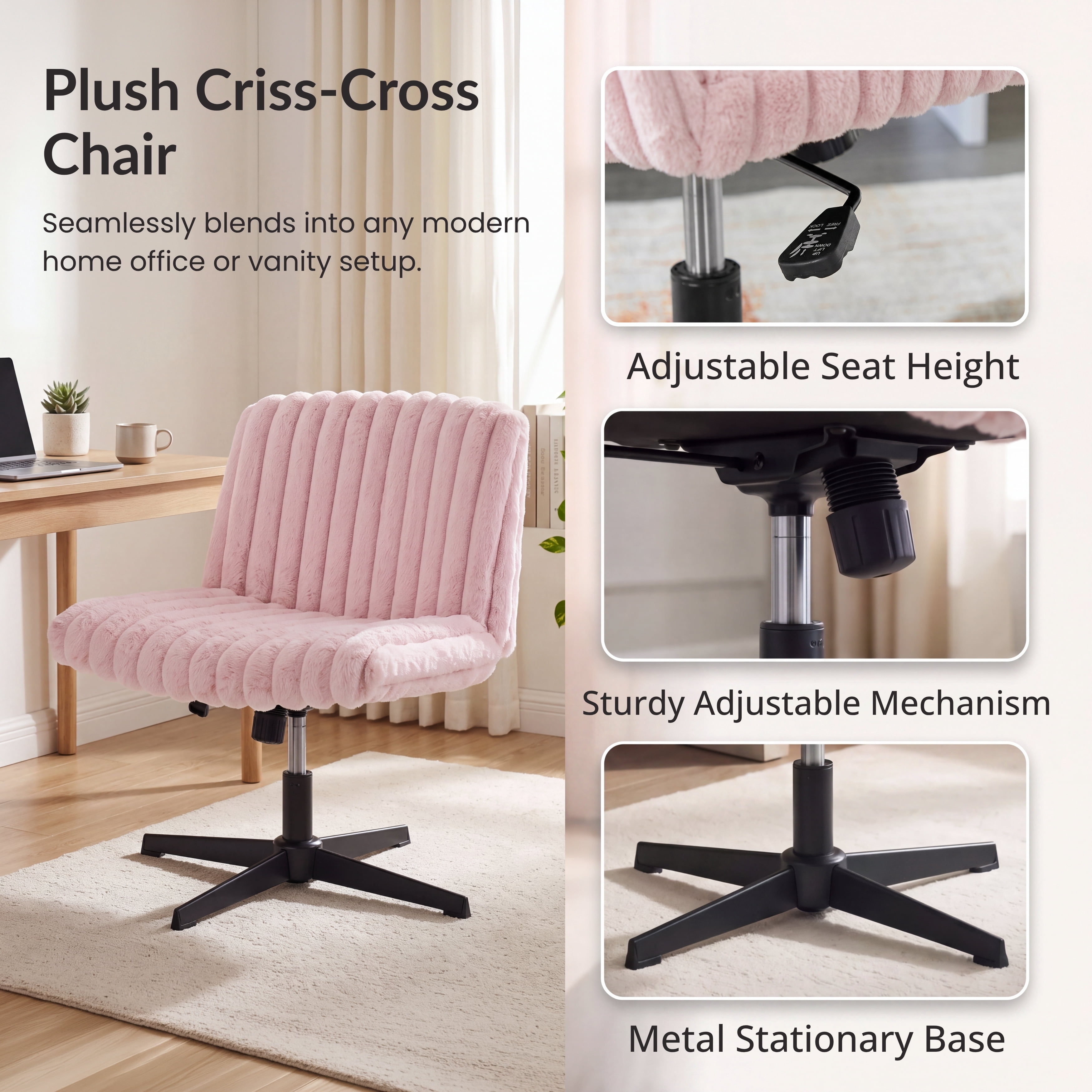 Roundhill Blynn Adjustable Swivel Criss Cross Chair, Wide Seat Office Chair Vanity Chair, Pink