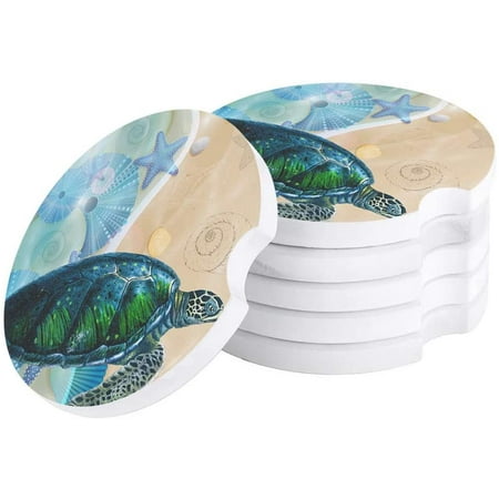 

FMSHPON Ocean Theme Sea Turtle on Beach Set of 2 Car Coaster for Drinks Absorbent Ceramic Stone Coasters Cup Mat with Cork Base for Home Kitchen Room Coffee Table Bar Decor