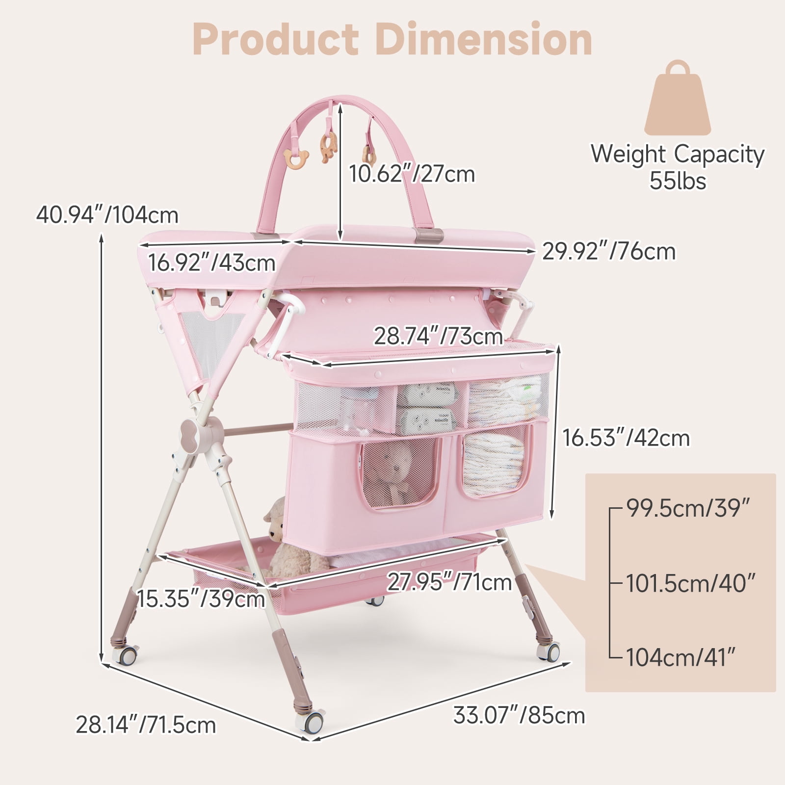 INFANS Portable Baby Changing Table with Wheels, Foldable Diaper Changing Station with Adjustable Heights, Large Organizer Storage for Newborn Infant