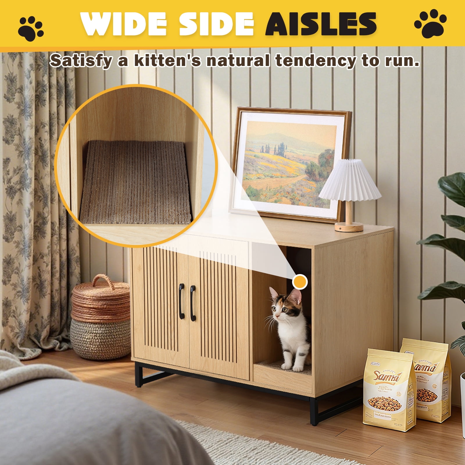 KATHY&BOB Hidden Cat Litter Box Enclosure Furniture with Cat Scratch Mat, Striped Grooved Design, Wooden Cat Washroom, Natural