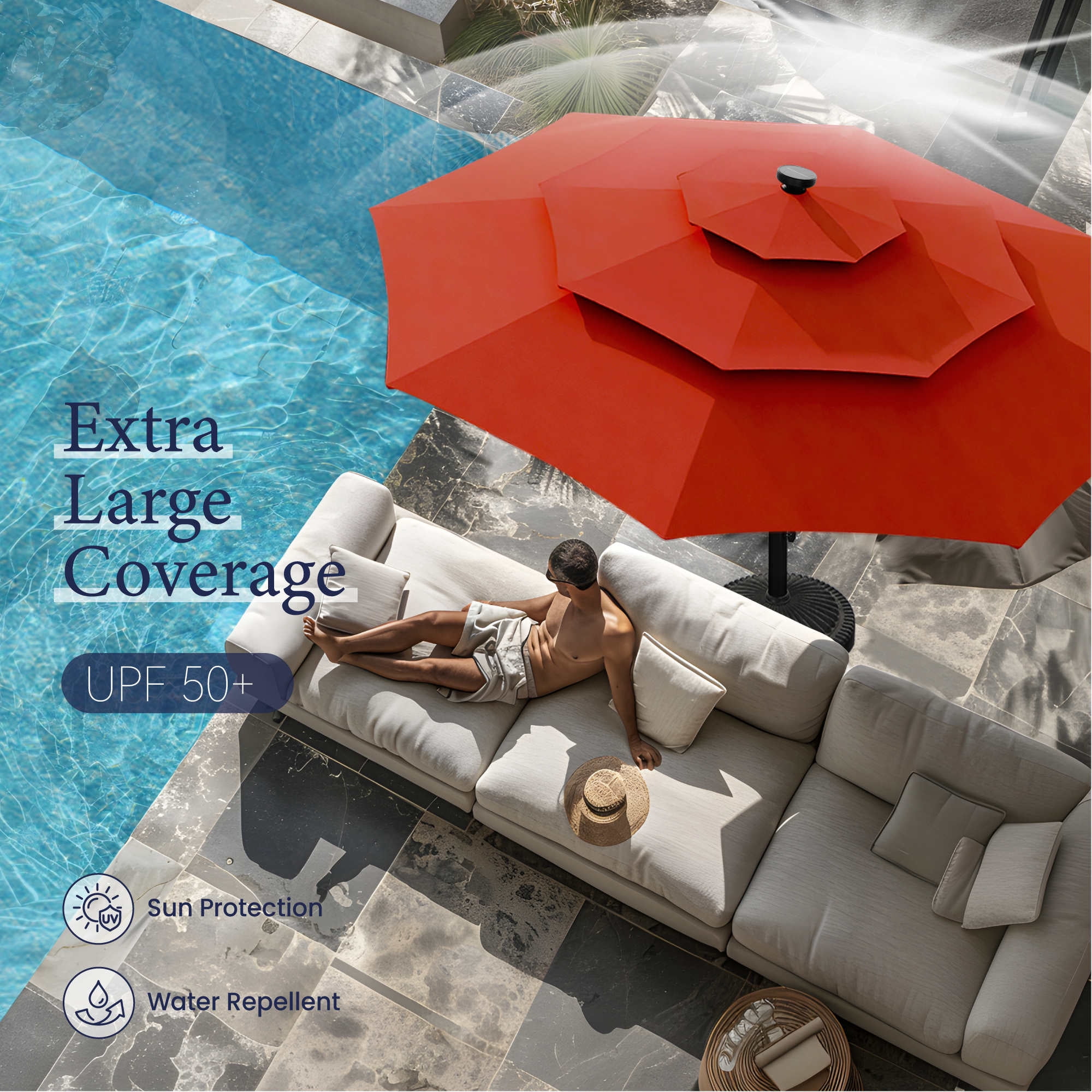 Summit Living 10ft Patio Umbrella with Solar Lights 3-Tier Vented Outdoor Market Umbrella with Auto-Tilt – Orange Red