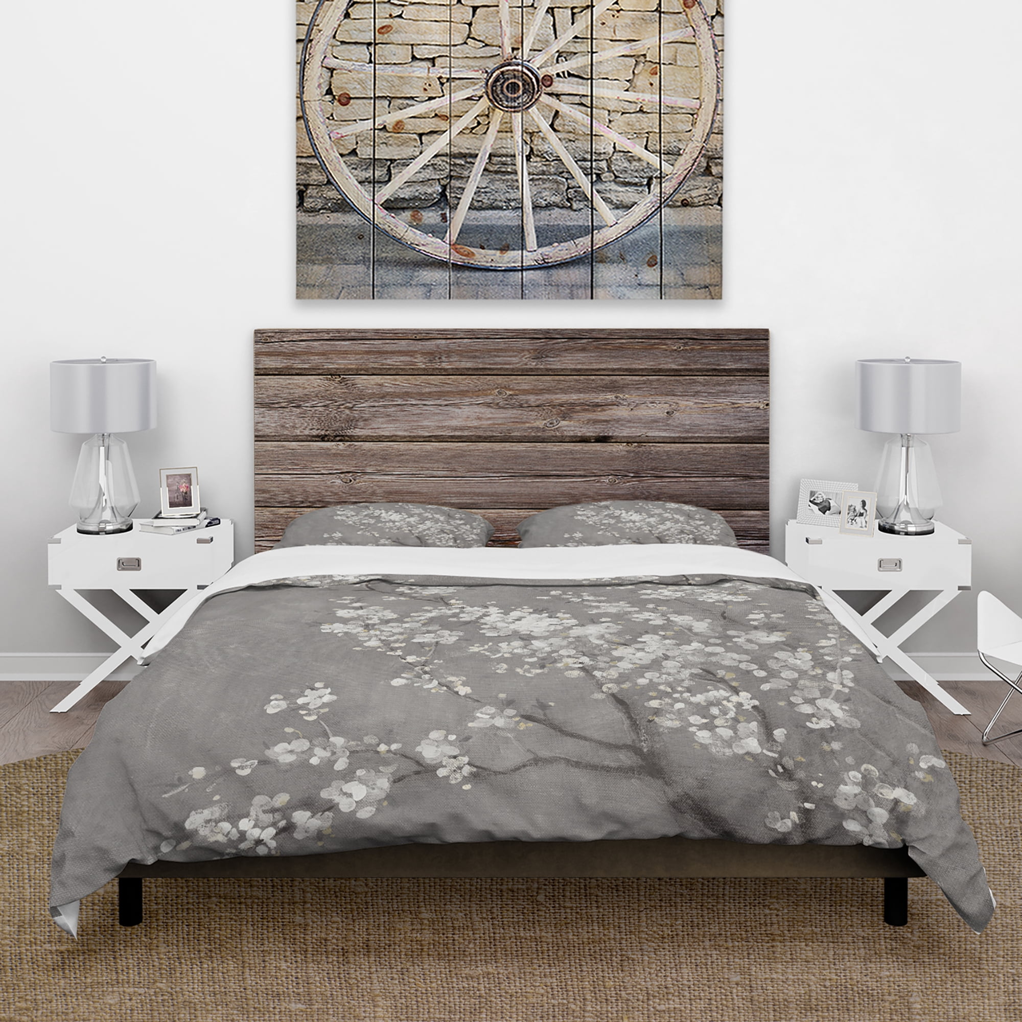 Designart 'White Cherry Blossoms II' Farmhouse Duvet Cover Set