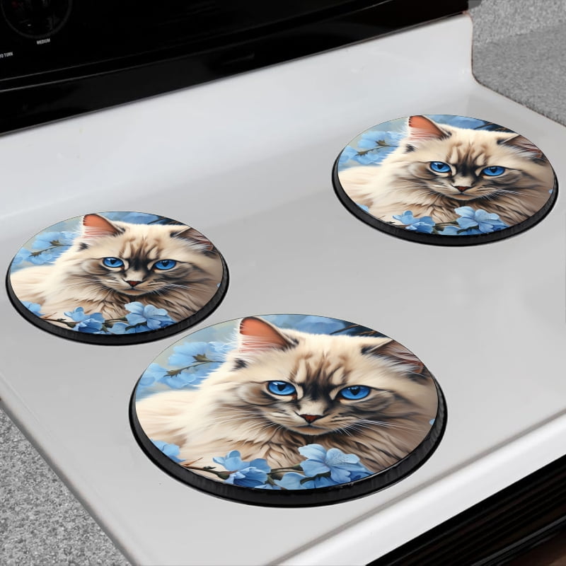 Bahomeck Electric Stove Burner Covers Set Of 4,Beautiful Portrait Of Adorable Long-Haired Ragdoll Cat Metal Gas Stove Burner Covers,Protecting Gas Stoves,8 Inch And 10 Inch
