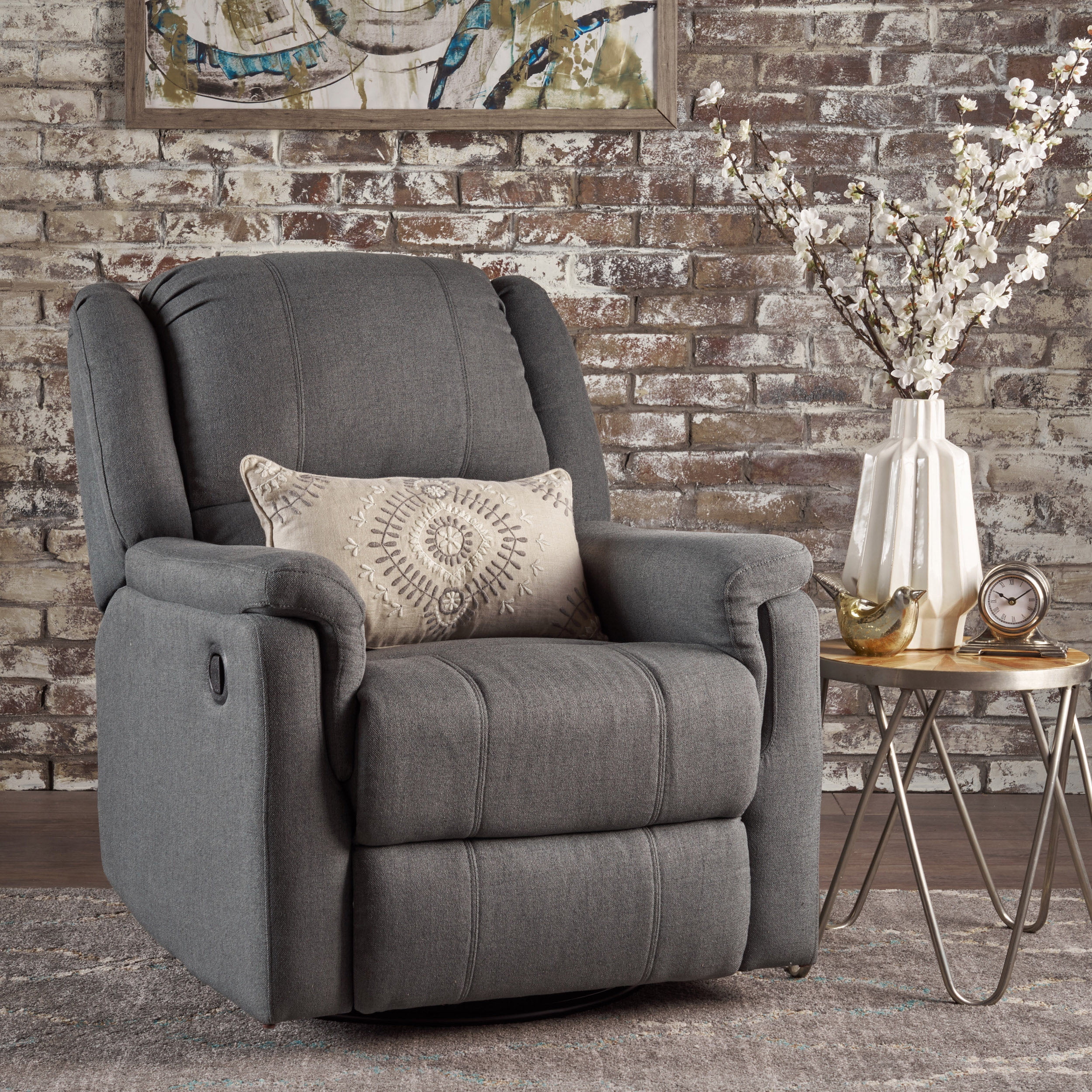 Euroco Charcoal Fabric Glider Recliner with Swivel, Manual Reclining Chair