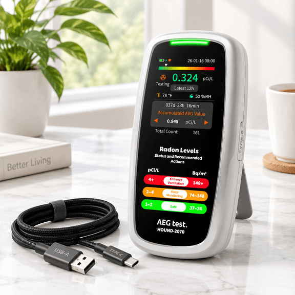 Portable Home Radon Detector with Temperature Humidity Display, 504-Day Data Storage, Rechargeable 3-in-1 Tester