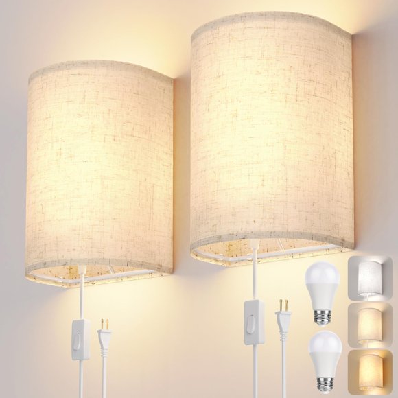Apliques de Pared OCATO Juego de 2 con Enchufe 9W LED 3 Colores 2 Pantallas de Tela
