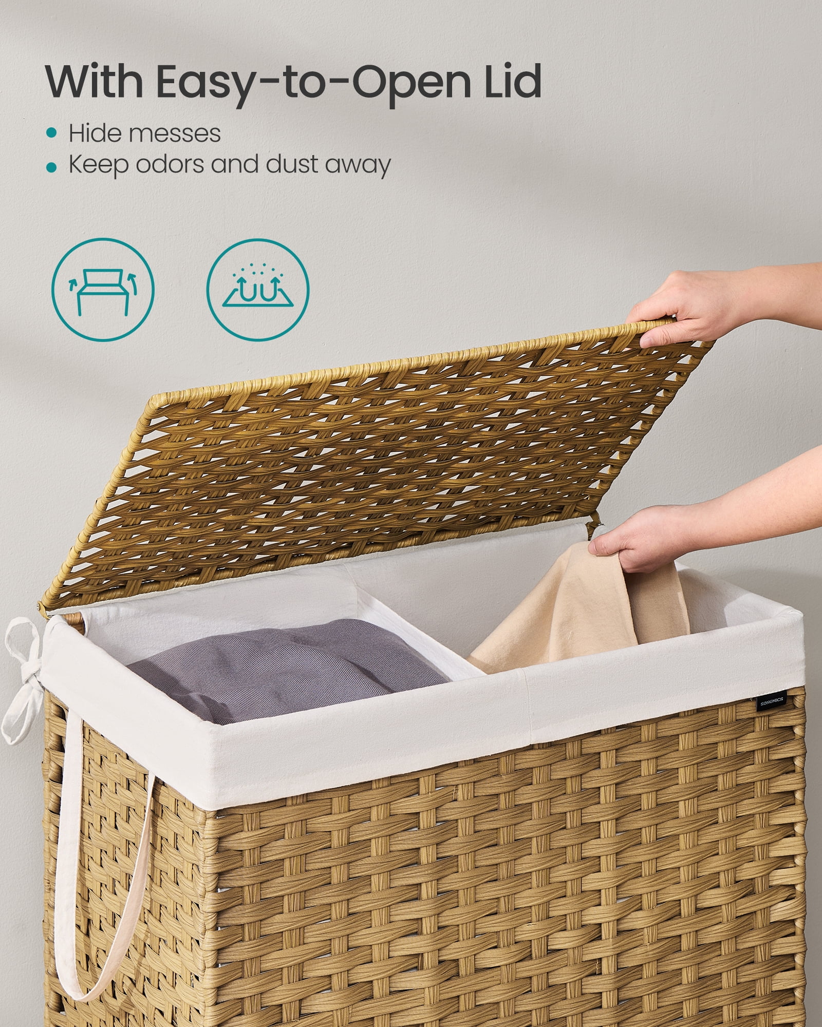 42.3 Gallon Foldable Laundry Hamper with Lid, Synthetic Rattan Storage Basket with Removable Liner & Handles, 160L Capacity, Natural
