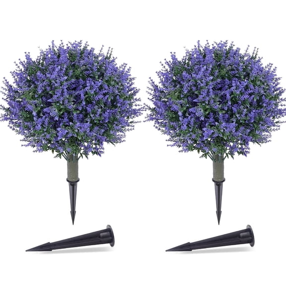 THE BRIVE 21.6 Inch Artificial Lavender Topiary Ball Trees, 2 Set of UV Resistant Fake Evergreen Shrubs Bushes Plants with Ground Spike, Fake Plants for Outdoor Indoor Front Porch Garden