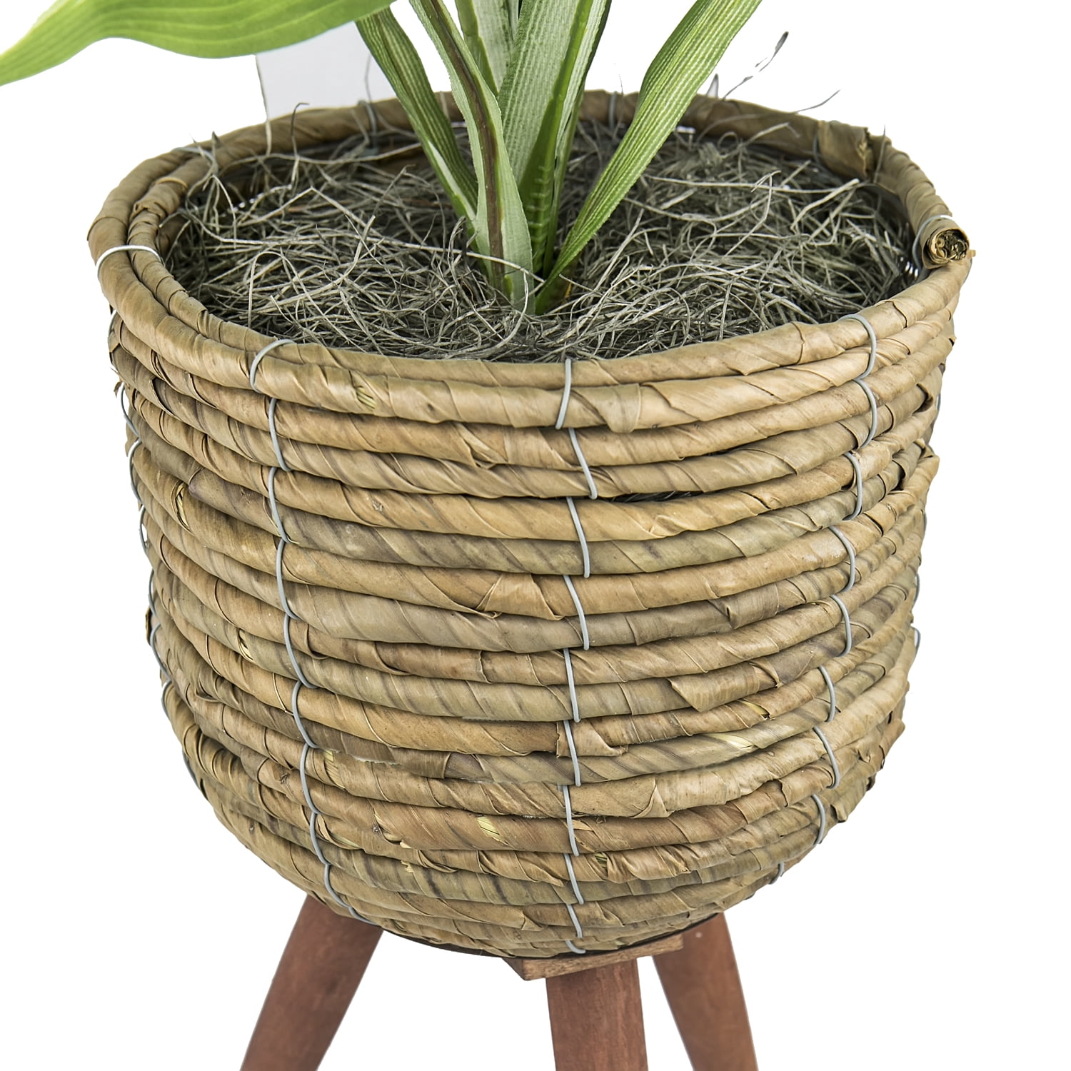 LCG Florals Artificial Plant, Faux Designer Hosta Plant, 28in, Modern Brown Basket Stand, Artificial Indoor Plant for Living Room, Office, & Home Décor