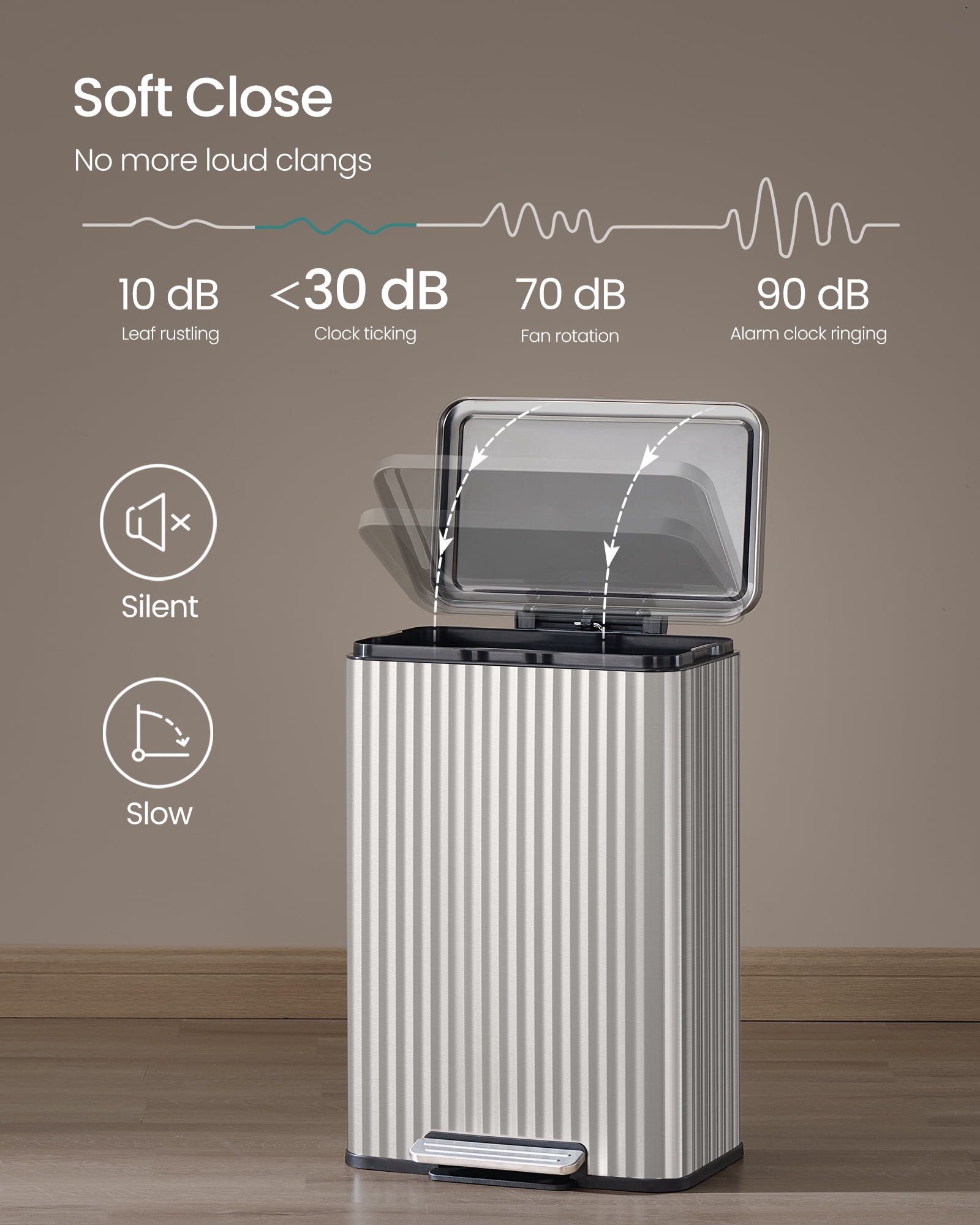 SONGMICS Trash Can, 13 Gallon (50 L) Garbage Can with Lid,Pedal,Removable Inner Bucket, Soft Close,15 Trash Bags Included,Metallic Silver