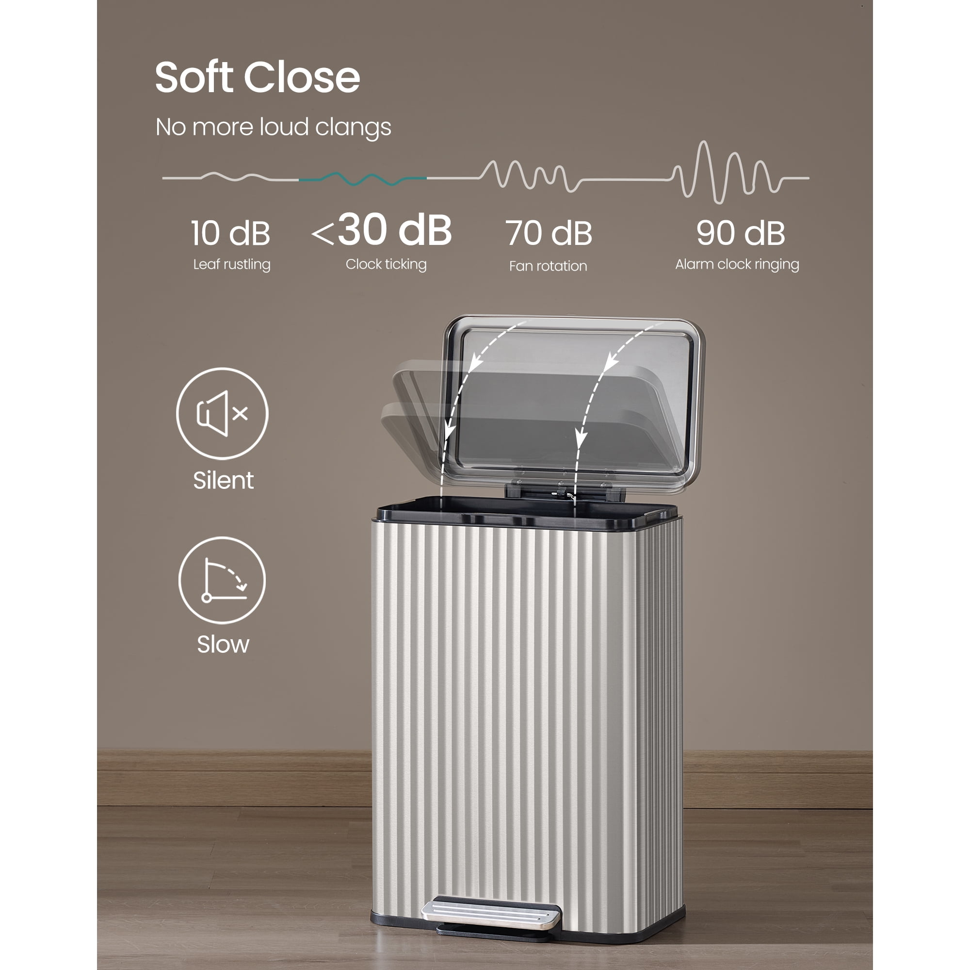 SONGMICS Trash Can, 13 Gallon (50 L) Garbage Can with Lid,Pedal,Removable Inner Bucket, Soft Close,15 Trash Bags Included,Metallic Silver