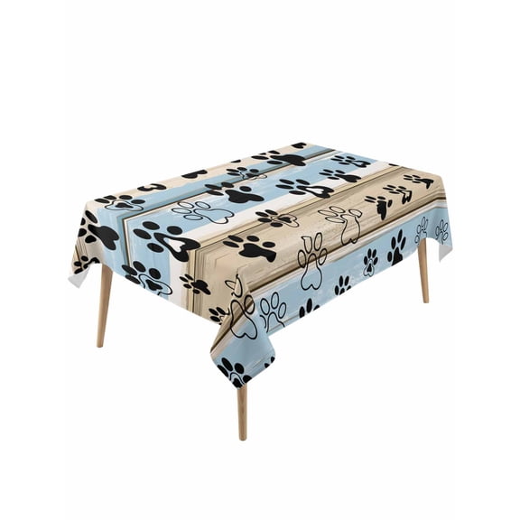 Blue Dog Paw Print Table Cloth, Vintage Farmhouse Rustic Wooden Grain Waterproof Tablecloth for Rectangle Tables, Reusable Washable Fabric Table Cover for Restaurant Kitchen Dining Tables 54"x108"
