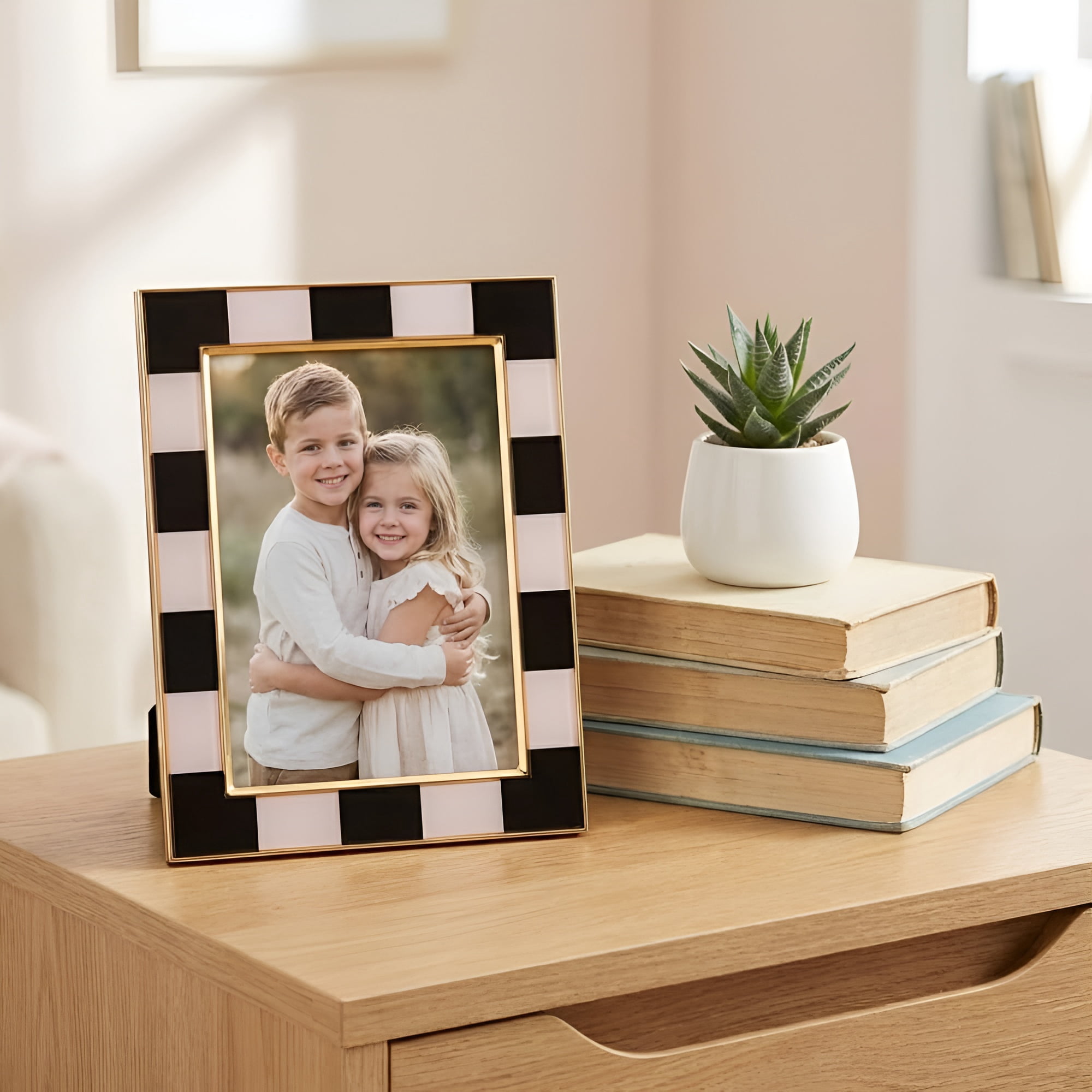 Concepts 4x6 Picture Frames Black & White Checkered Retro Gold Bordered Enameled Photo Frames with HD Clear Glass, Durable Wall or Tabletop Display Vertical/Horizontal (pack of 4)
