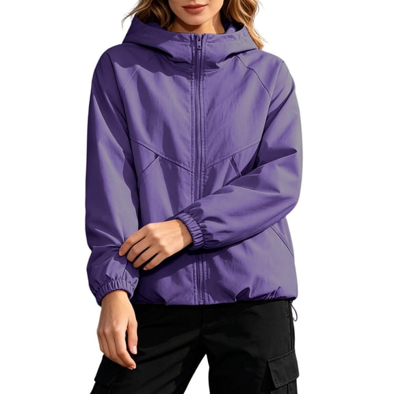 Rain Jacket Women Waterproof Lightweight Zip up Raincoat Outdoor Hiking Hooded Windbreaker with Pockets Purple XXL
