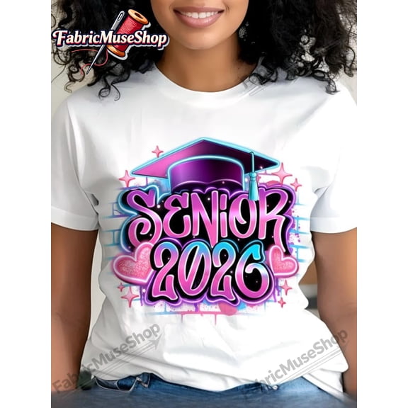 Senior 2026 Graduation T-Shirt Class of 2026 Retro Airbrush Graffiti Style Pink Purple Women's Short Sleeve Tee Cute Graduation Gift