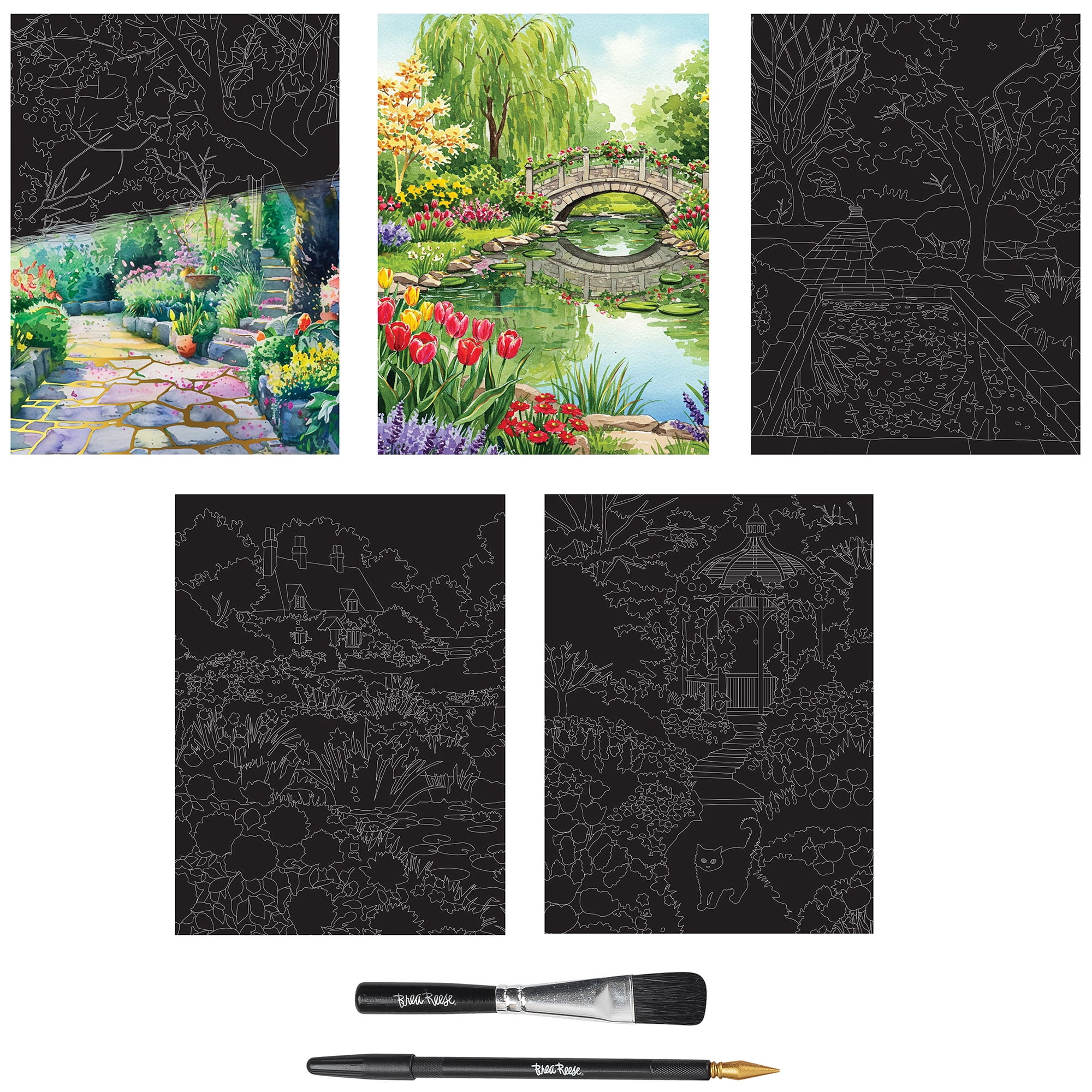 Brea Reese: Scratch Art Paper Pad - Garden Scenes - 5 Nature Designs, Metallic Foil, Dual-Tip Stylus & Brush, Easy-to-Frame 9x12" Pages, Adult Craft