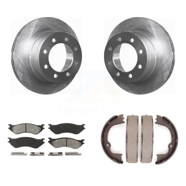 Transit Auto Rear Disc Rotors Semi-Metallic Pads and Parking Brake Shoes Kit for Car 2007 Dodge Ram 1500 Extended Crew Cab Pickup with 5 Lug Wheels K8S-104431