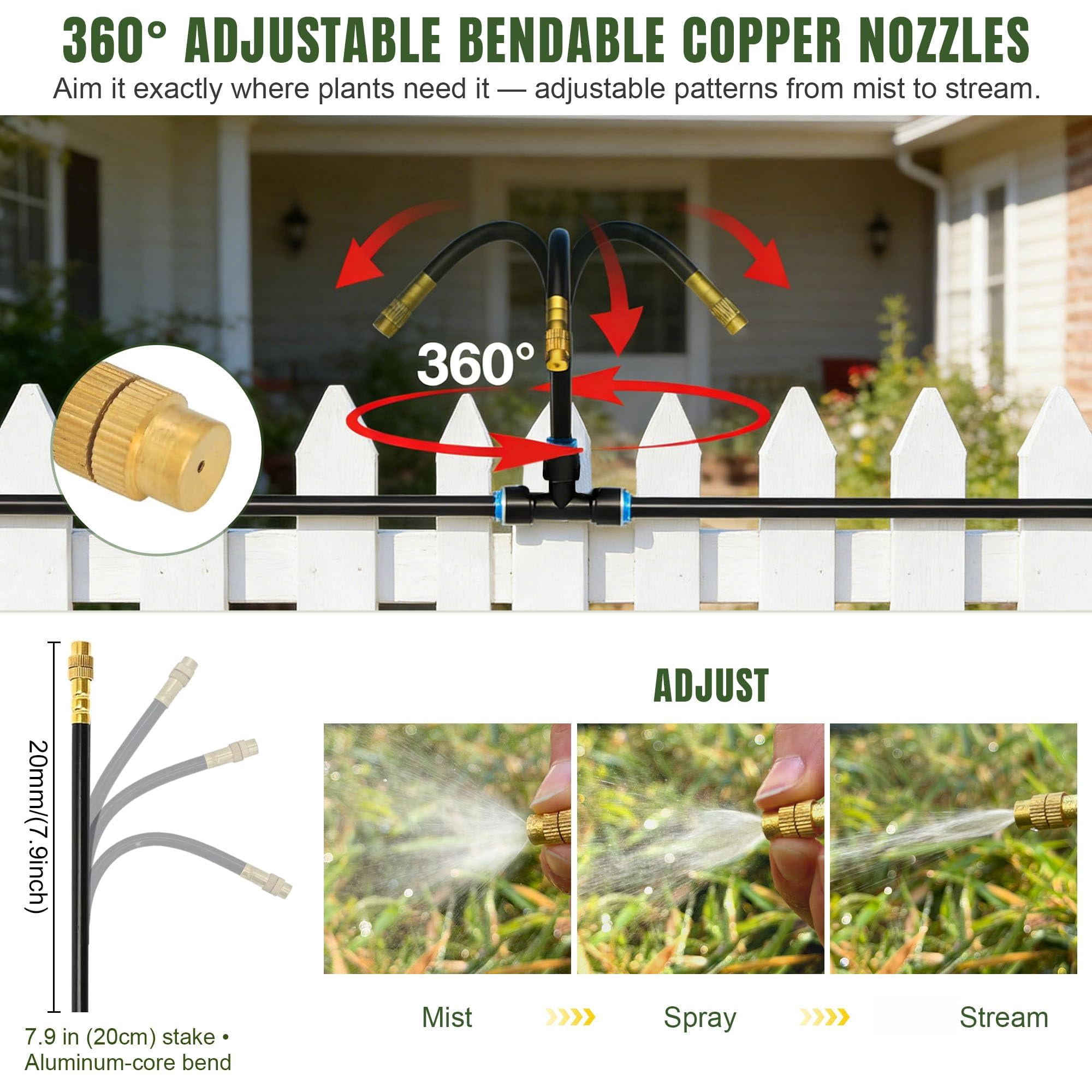 66ft Drip Irrigation System Kit Dual-zone Garden Atomizing Watering With 20 Copper 360° Adjustable Bendable Nozzles  Y-splitter Leak-proof 1/4" Misting For Greenhouse Raised Beds