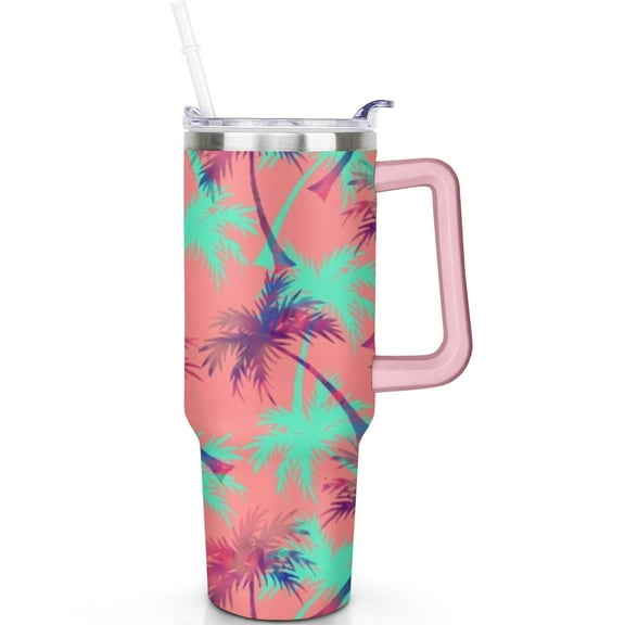 40oz Hawaii Tropical Plants Travel Tumbler with Handle, Leak Proof Flip Straw Lid, Vacuum Insulated Stainless Steel Mug Comfortable Handle for Easy Carry
