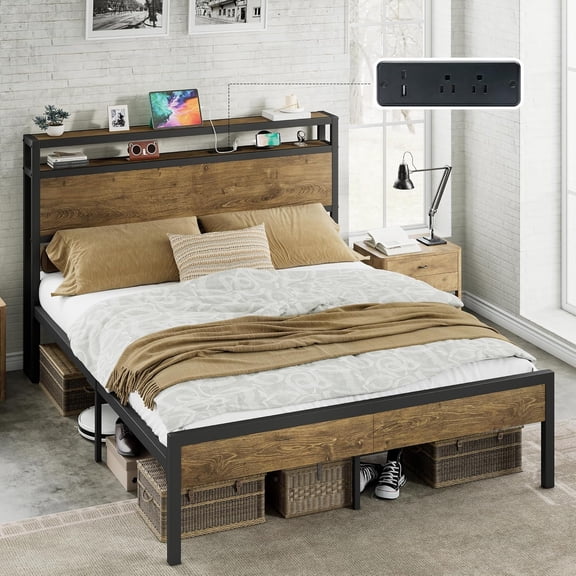 Queen Size Platform Bed Frame with Charging Station | Industrial Metal Bed Frame, 2-Tier Storage Headboard, Large Under-Bed Storage, Heavy Duty Slats, No Box Spring, Rustic Brown