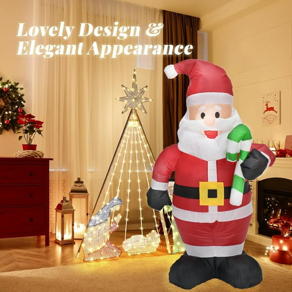 4ft Cute Christmas Inflatable Santa Claus Holds Candy Cane Lighted Indoor & Outdoor Christmas Yard Lawn Hallway Blow-Up Decoration