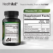 HealthA2Z Vitamin D3 + K2 | 2000 IU + 100 mcg | 90 Easy-to-Swallow Softgels | Clean Label, No Dyes | Bone, Muscle & Immune Support
