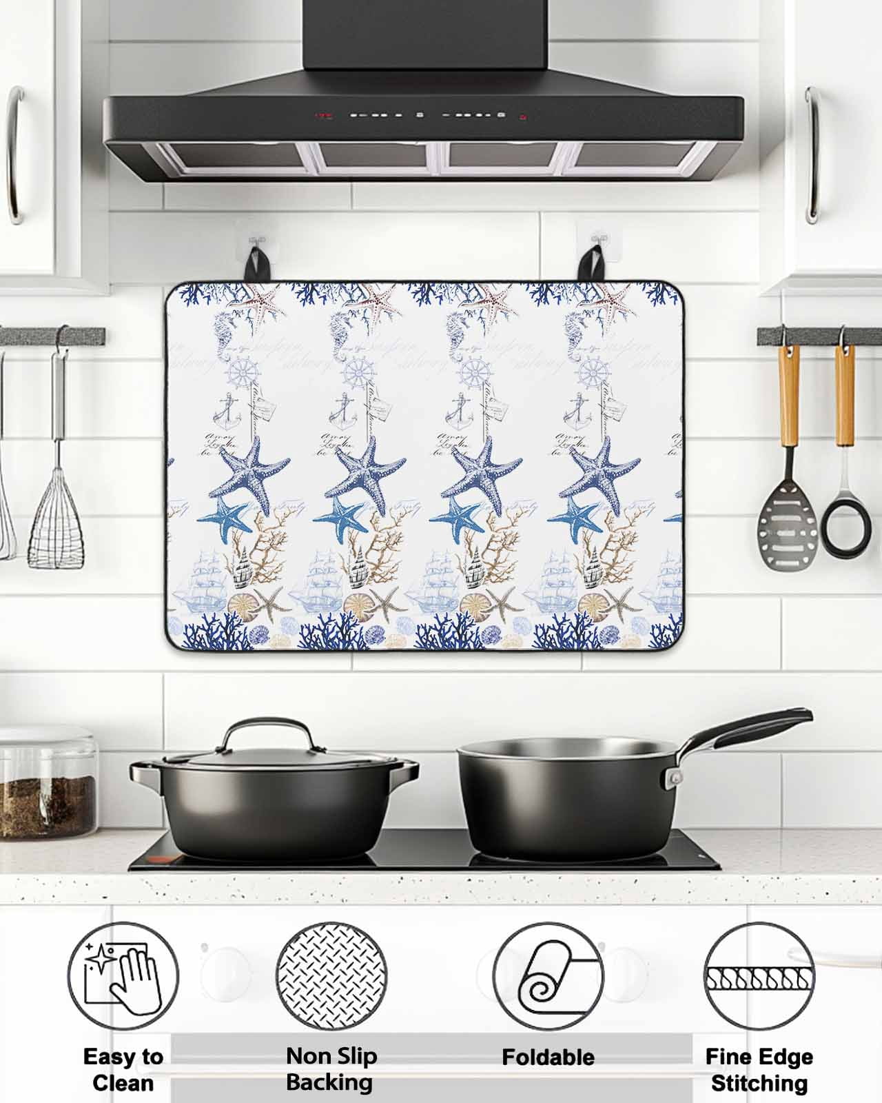 Stove Top Covers for Electric Stove, Starfish Glass Stovetop Cover Protector, Blue Ocean Coastal Coral Shell Nautical Boat Induction Cooktop Protector Oven Mat for Kitchen Countertop 24"x21"
