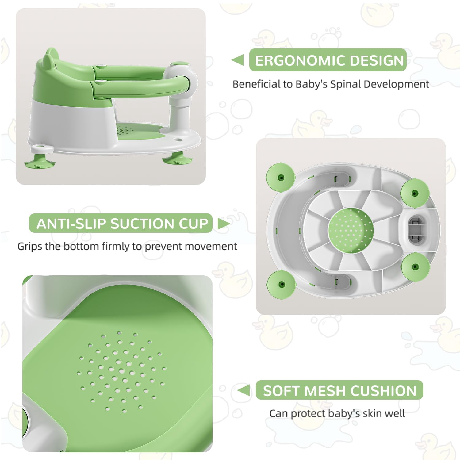 Soluxeo Baby Bath Seat for Babies 6 Months & up, Non-Slip Toddler Bath Seats for Babies Sitting Up with 4 Suction Cups & Soft Cushion for Shower(Green)