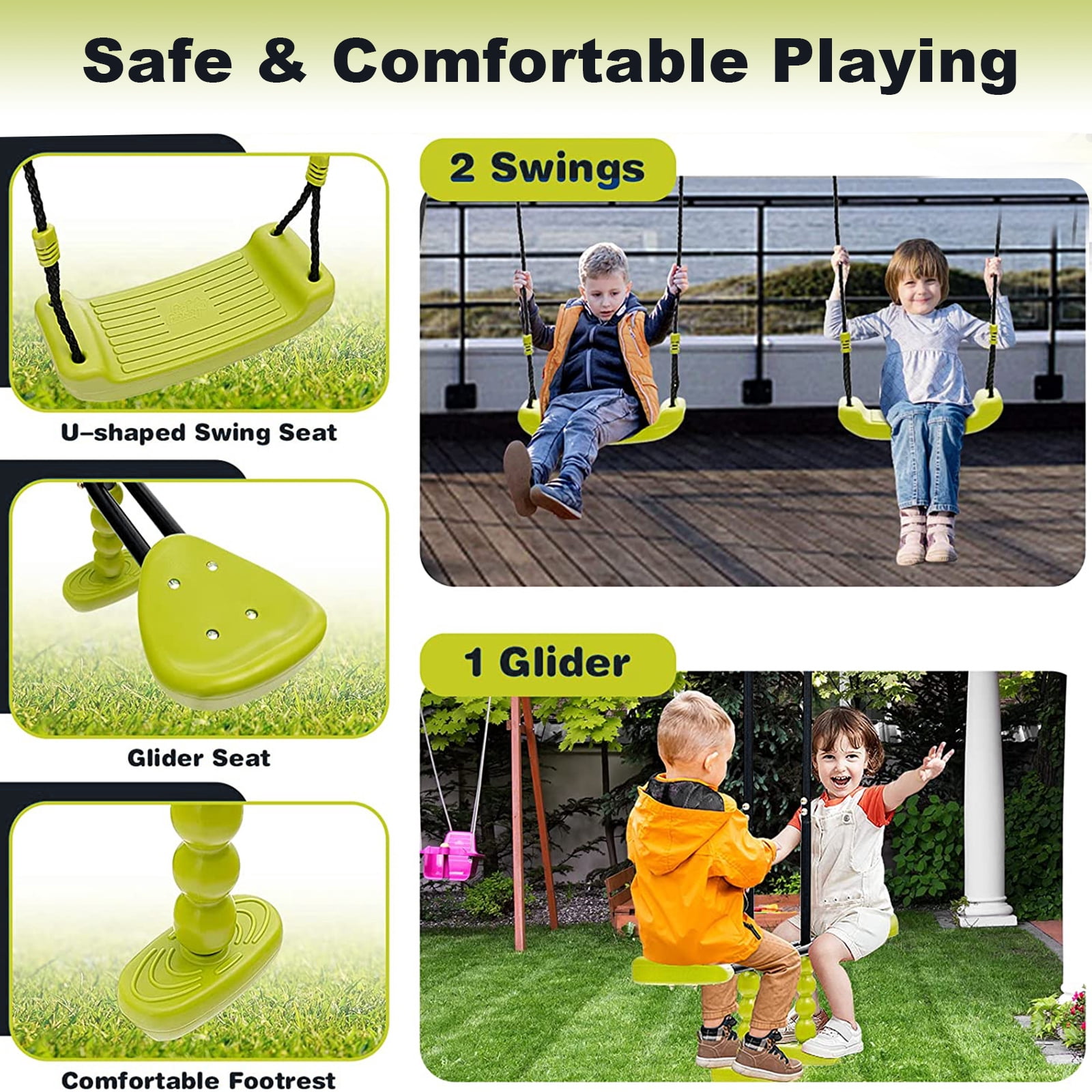 iRerts Outdoor Swing Sets for Kids, 3 in 1 Metal Swing Set with 2 Single Swings and 1 Swing Glider, Kids Playground Set for Backyard Garden Park, Kids Backyard Swing Set for Boys Girls