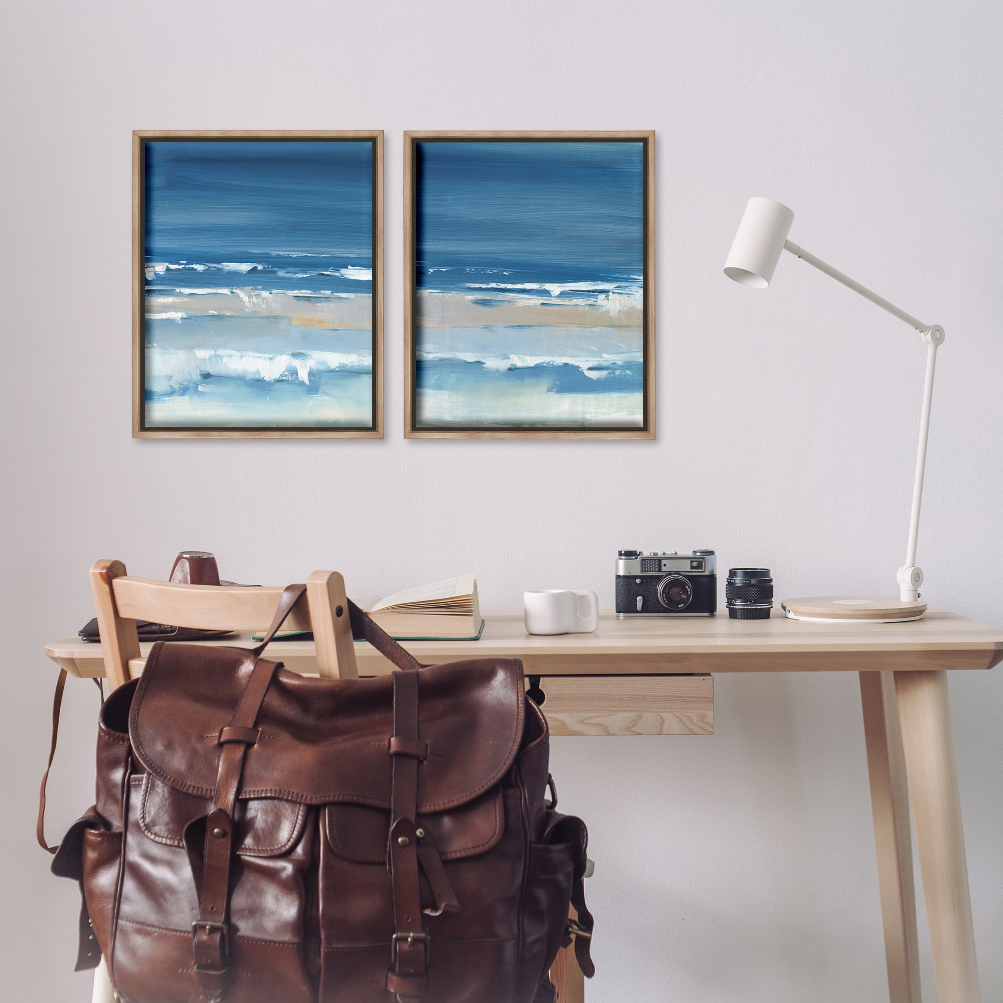 Stupell Industries Crashing Beach Wave Shore Nature Painting Brown Floater Framed Canvas Art Print Wall Art, 17 x 21, Set of 2