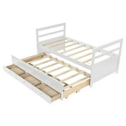 DayBed with Trundle and 3 Storage Drawers, Wood Captain Bed for Kids Teens, No Box Spring Needed, White