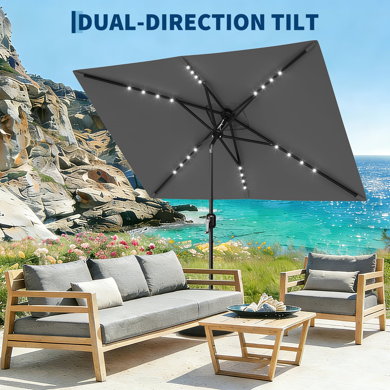 Memoryfield 10' x 6.5' Solar Rectangular Patio Umbrella with LED Lights, Outdoor Market Umbrella, 6-Rib Table Umbrella for Garden, Deck & Lawn, Gray