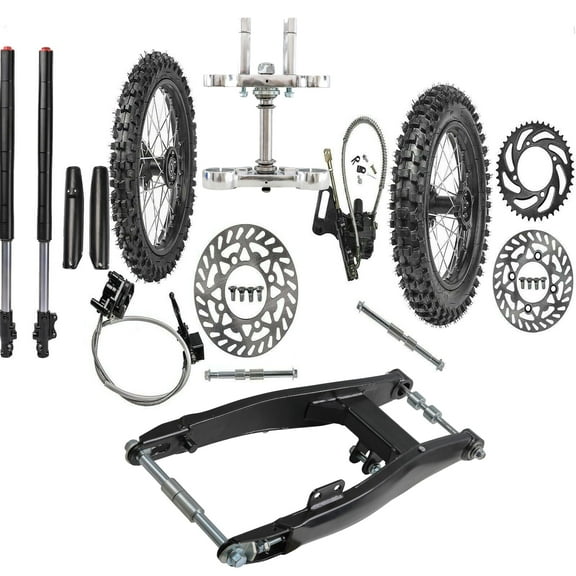 Complete 14" 12" Wheel Tire Tube Rim, 60/100-14 & 80/100-12 Tire, 45/48mm Front Forks Triple Tree Set, Rear Swing Arm Disc Brake Kit for Pit Dirt Bike CRF50 CRF70 KX65 SSR Apollo 110cc 125cc