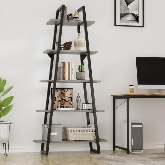 72" Book Shelf with 5-Tier Wood Adjustable Shelves, Industrial Bookcase with Metal Frame, Open Ladder Shelf with Function Bezel for Living Room, Office, Small Spaces, Grey