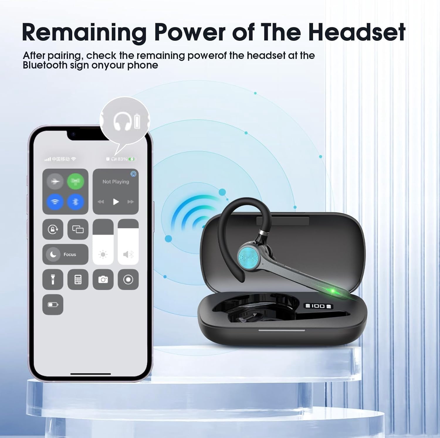Bluetooth Headset, Wireless Bluetooth Earpiece with 500mAh Charging Case 72 Hours Talking Time Built-in Microphone for iOS Cell Phone, Hand-Free Headphones for Trucker, Office(Light Gray)