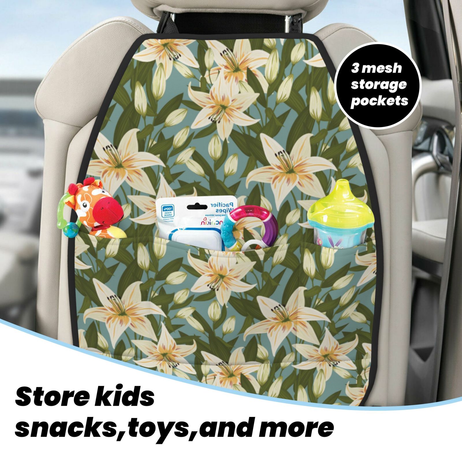 Xecao Lilies Flowers Pattern Car Seat Back Protector 2 Pack Large Capacity Pocket, Kick Mats Back Seat Protector