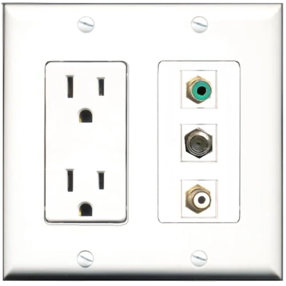 RiteAV - 15 Amp Power Outlet 1 Port RCA White 1 Port RCA Green 1 Port Coax Decorative Wall Plate