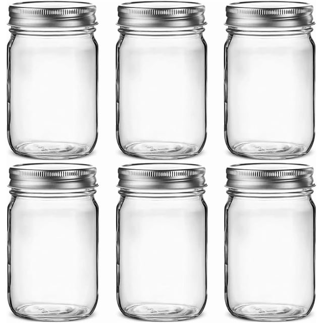 6-Pack Glass Jars with Regular Opening, Clear Glass Jars with Lids for Sealing, Dry Food, Snacks, Candy, DIY Projects (16 oz)