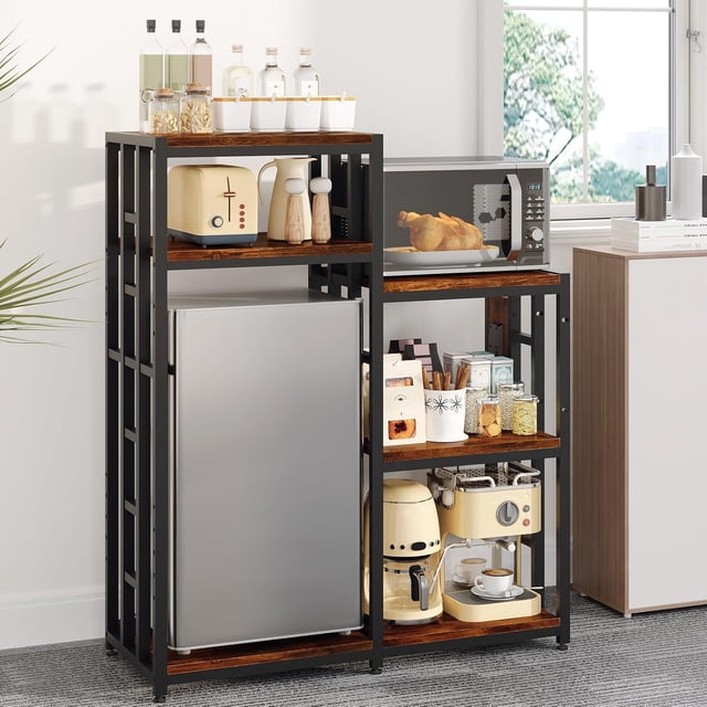 6 Tier Adjustable Mini Fridge Stand with Storage Shelf, Heavy Duty Kitchen Rack with 3 Power Outlets & Air Switch, Microwave and Coffee Bar Organizer, 360lbs Capacity for Dorm, Apartment