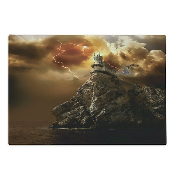 Fantasy Cutting Board, Fantasy Castle on Top of the Cliff with Thunder Supernatural Place Fiction Print, Decorative Tempered Glass Cutting and Serving Board, Large Size, Orange Brown, by Ambesonne
