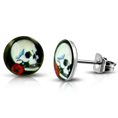 Stainless Steel Vintage Day of the Dead Skull Red Rose Circle Round Button Stud Post Earrings
